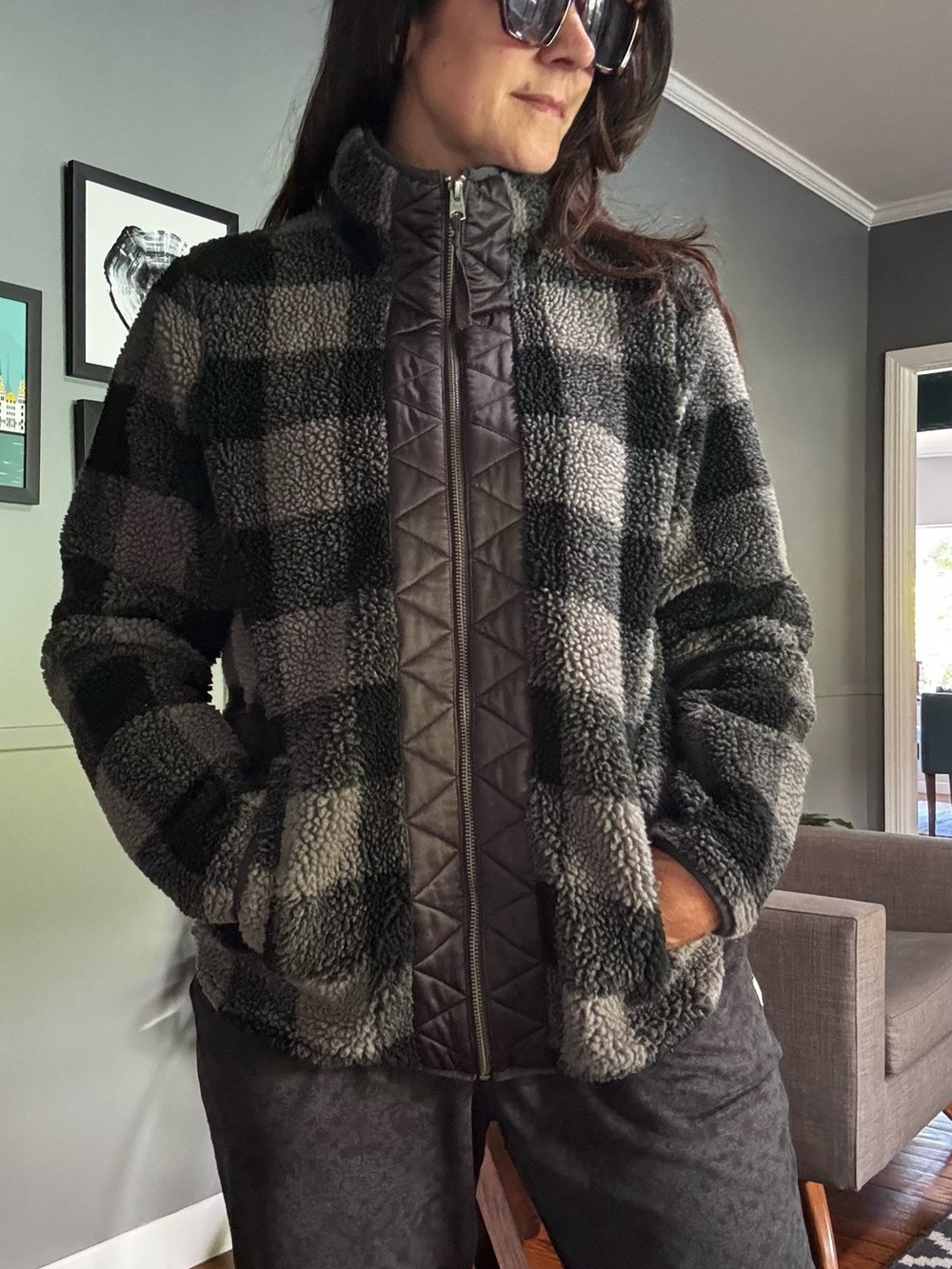 Abercrombie & Fitch Black and Gray Plaid Sherpa Teddy Jacket